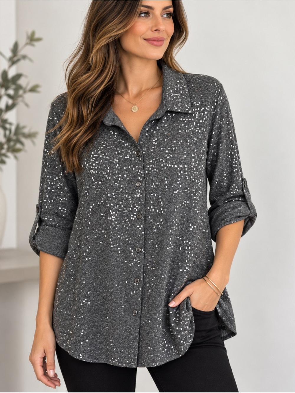 Pure Amici Gray Sequin Button Front Tunic Top Roll Tab Sleeve XL